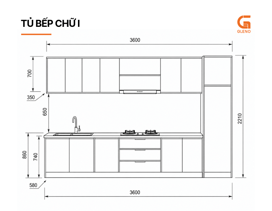Cấu tạo tủ bếp inox cánh kính chữ I