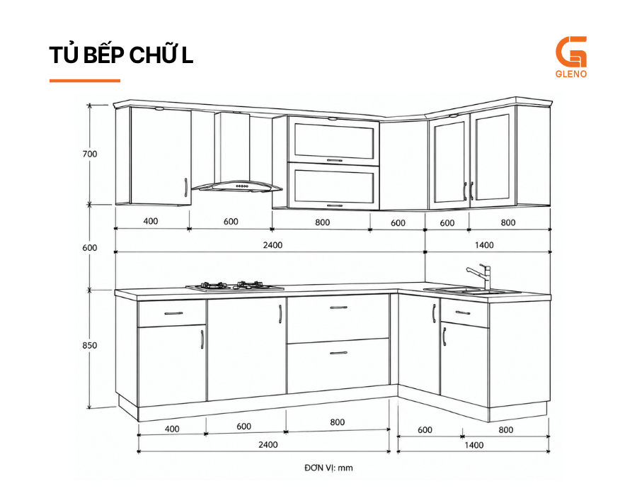 Cấu tạo tủ bếp inox cánh kính chữ L