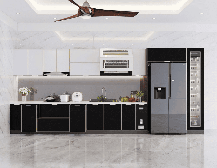 Mẫu bếp inox cánh kính chữ I tông màu tối