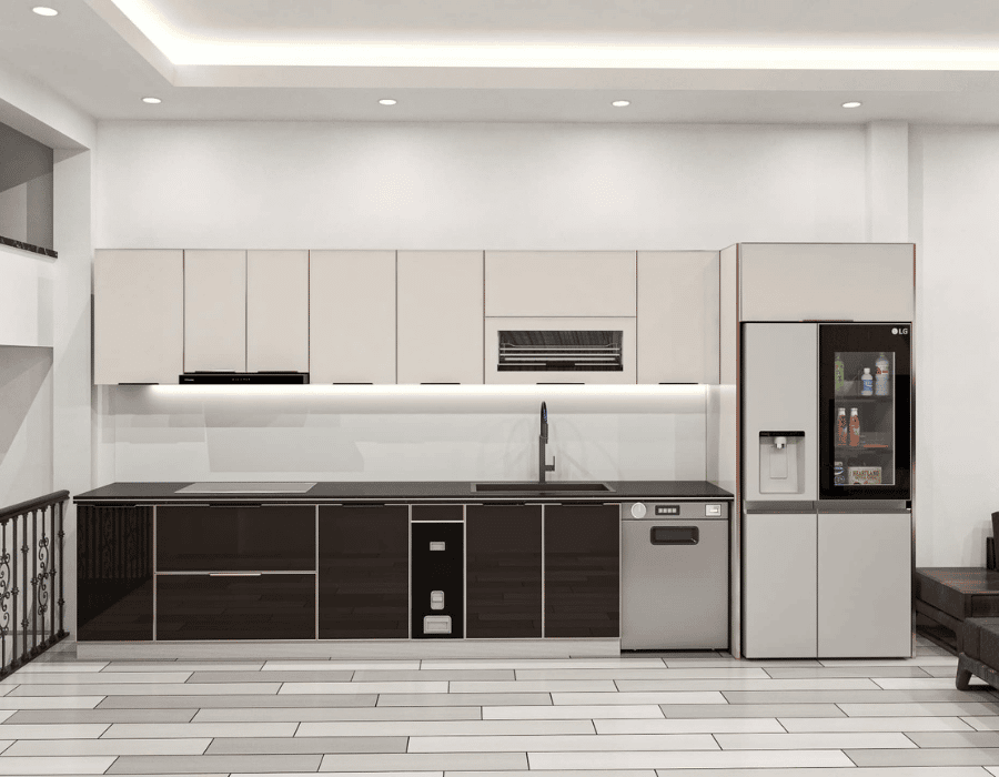 Mẫu tủ bếp inox kính cường lực chữ I tông trung tính
