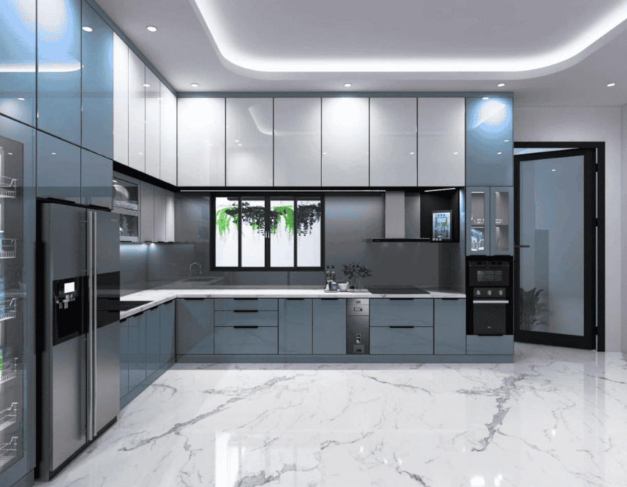 Mẫu tủ bếp inox cánh kính chữ L tận dụng góc bếp