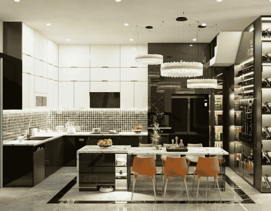 Mẫu tủ bếp cánh kính chữ L kết hợp đảo bếp