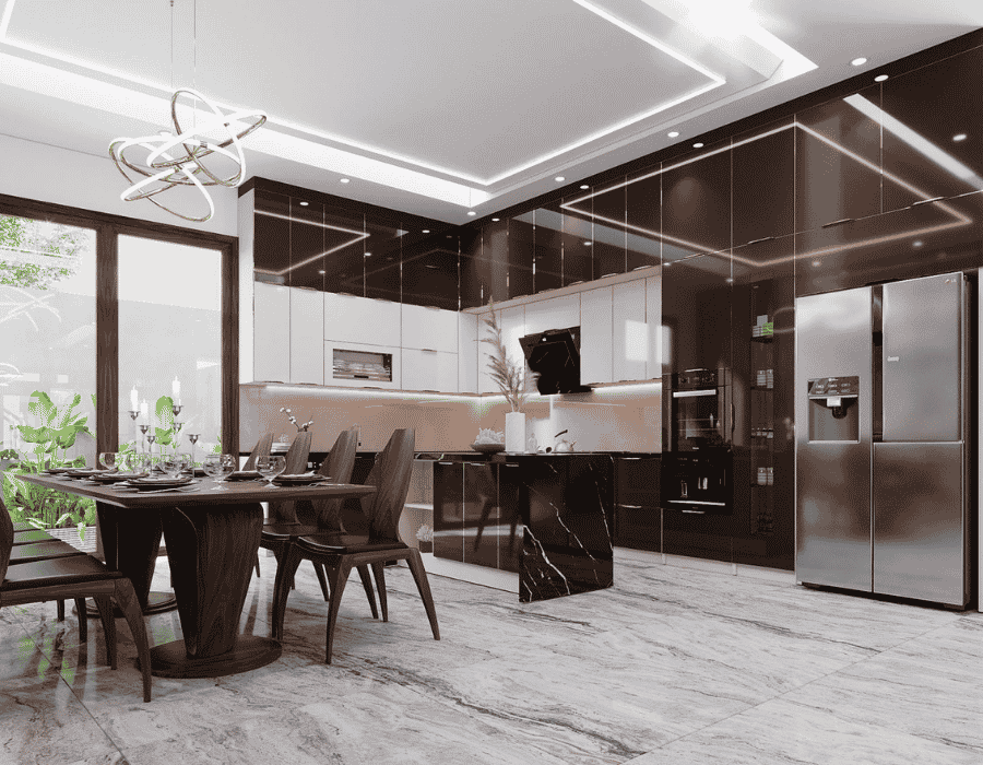 Mẫu bếp inox cánh kính chữ L cho nhà phố