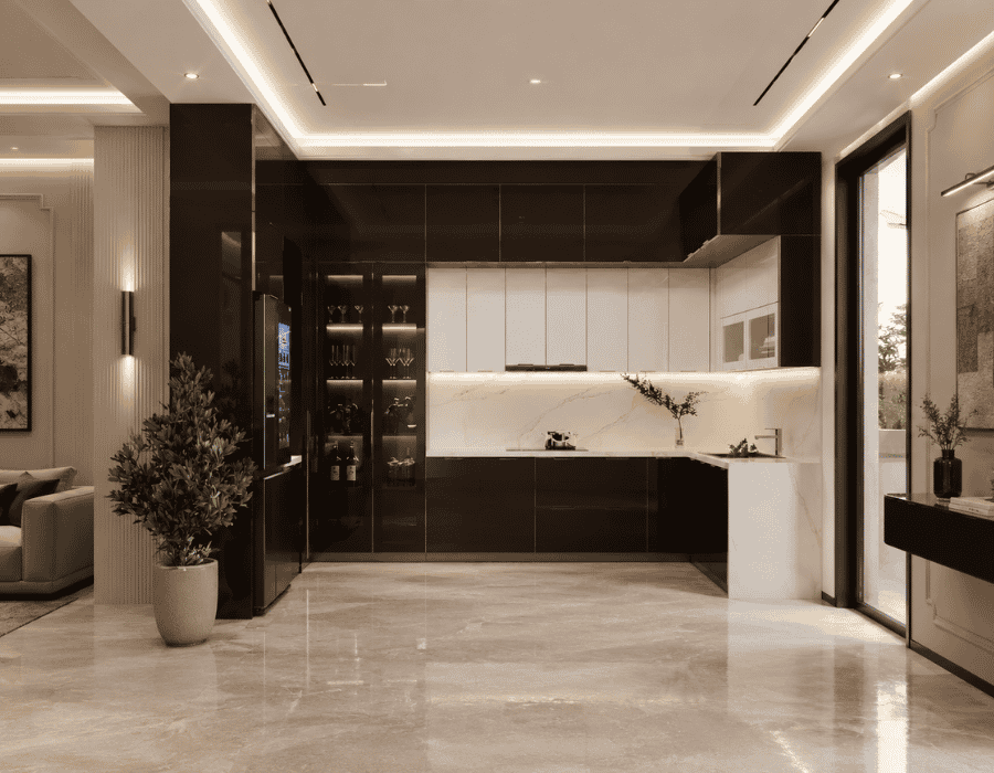 Mẫu tủ bếp inox cánh kính chữ U rộng rãi