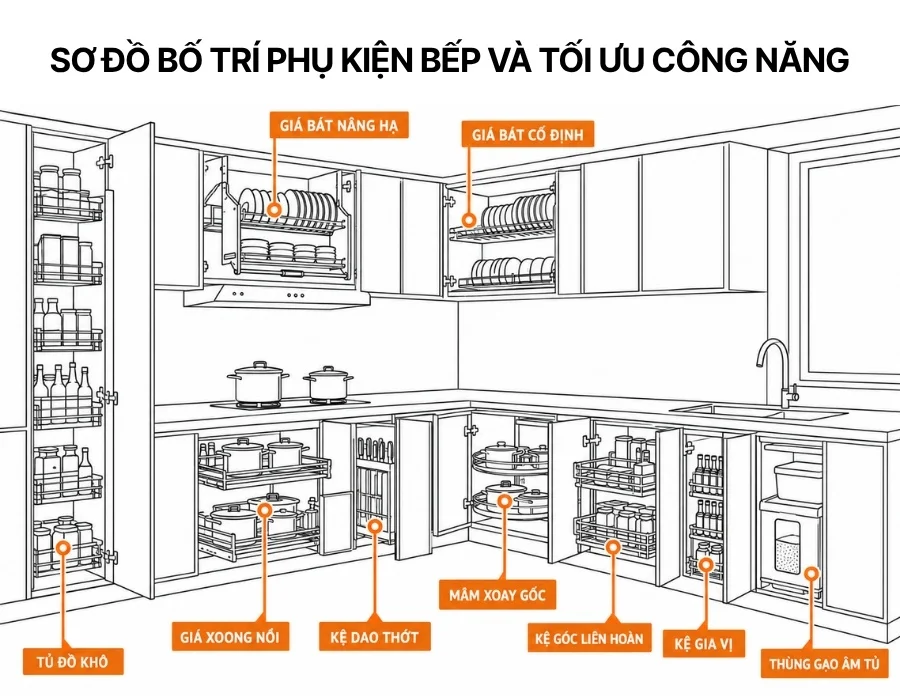Sơ đồ bố trí phụ kiện bếp tối ưu công năng cho tủ bếp trên và dưới